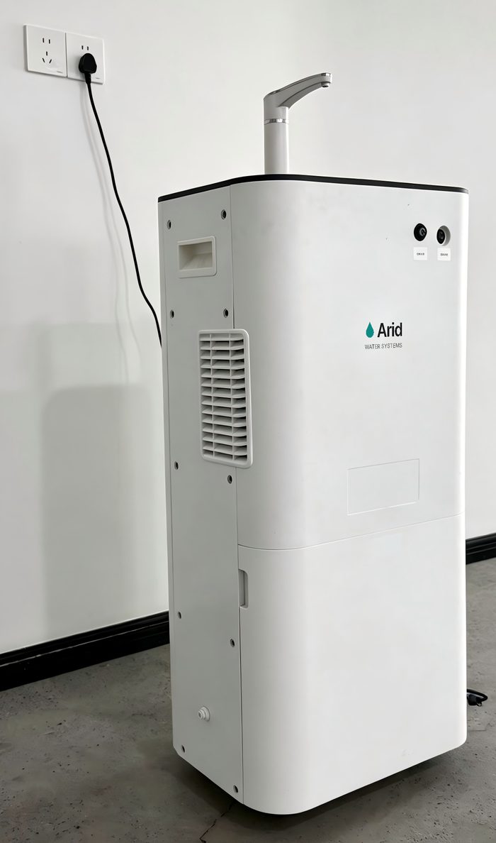 Arid Home demonstration unit, three-quarter view showing the side air intake